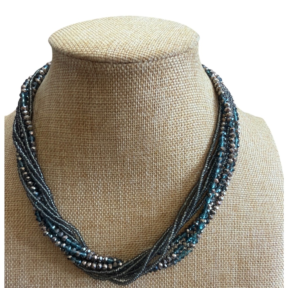 Multi Strand Teal Gunmetal Beaded‎ Necklace Magnetic Pavé Rhinestone Clasp